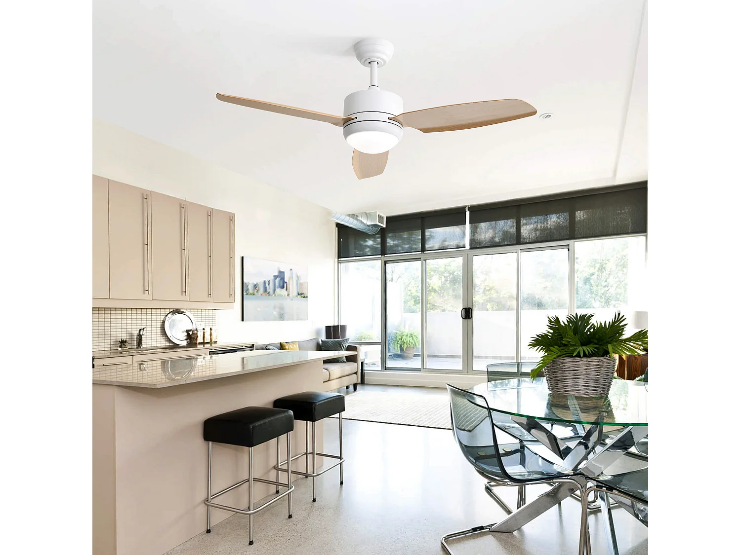 Ventilateur de plafond en bois - Ventilateur de plafond de salon avec 6 vitesses et 3 pales en ABS - éclairage LED