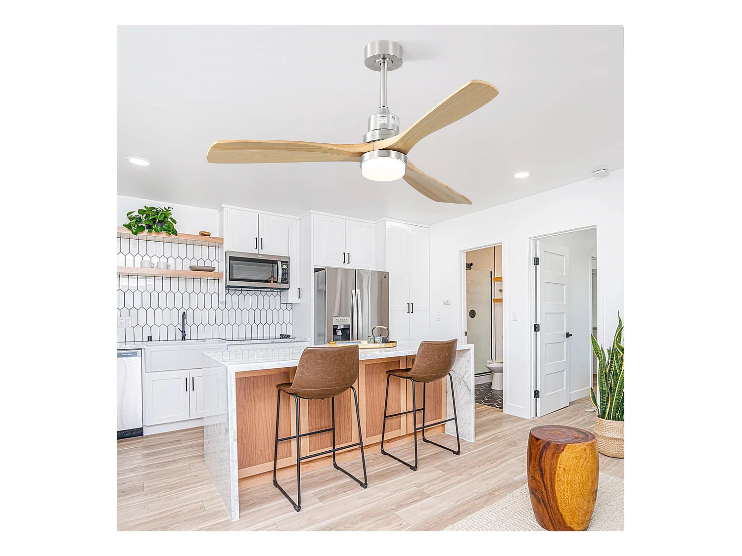 Ventilatore da soffitto per soggiorno - con luce LED dimmerabile e telecomando a 6 velocità - 3 pale in legno