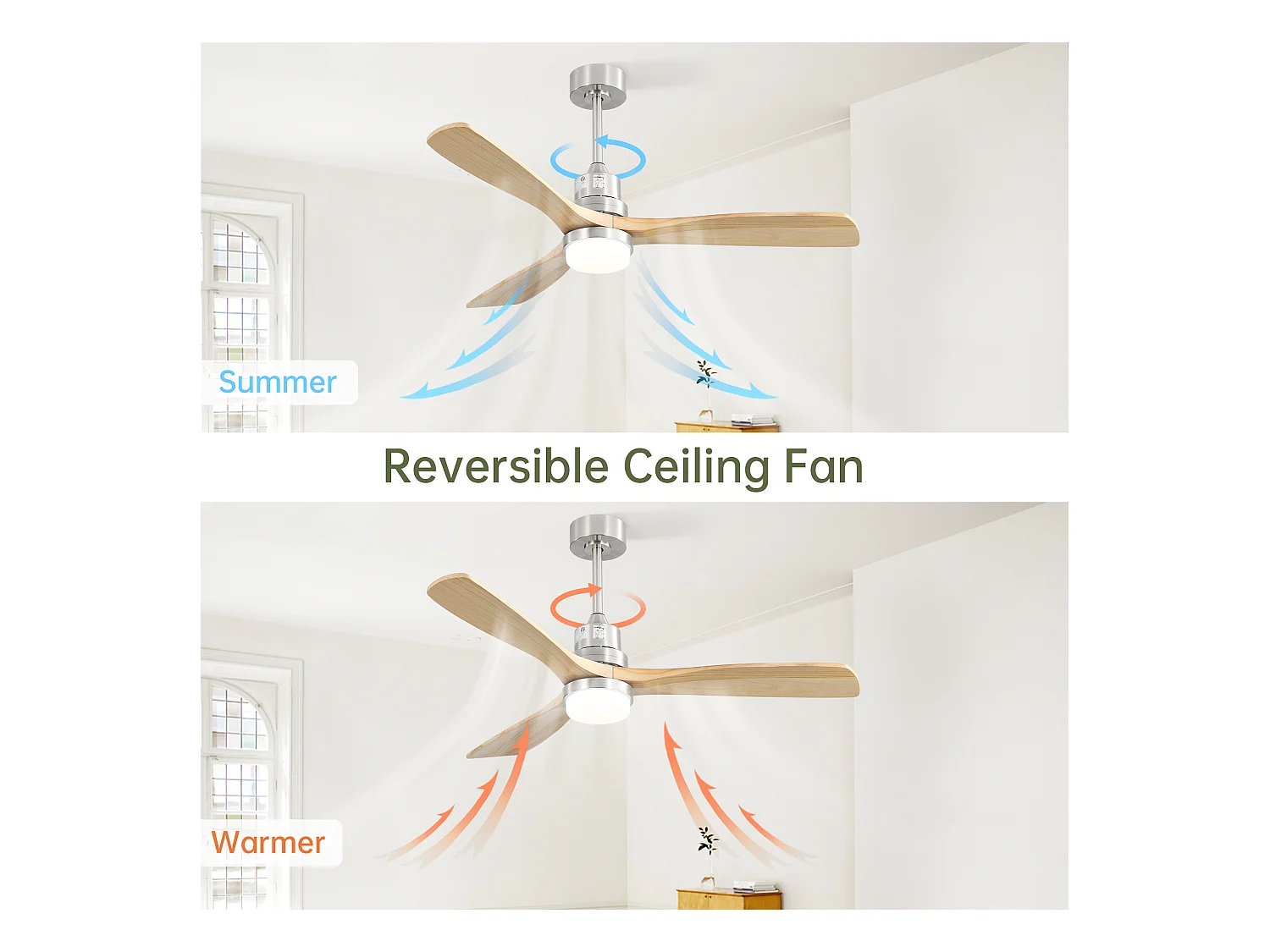 Ventilatore da soffitto per soggiorno - con luce LED dimmerabile e telecomando a 6 velocità - 3 pale in legno