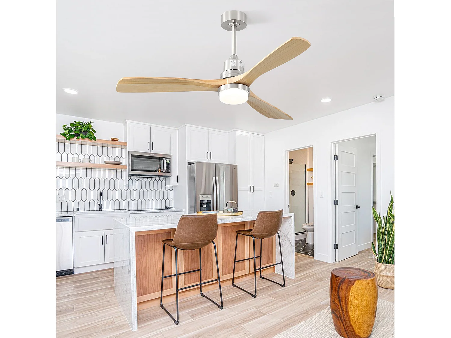 Deckenventilator für das Wohnzimmer – mit dimmbarem LED-Licht und 6-stufiger Fernbedienung – 3 Holzflügel