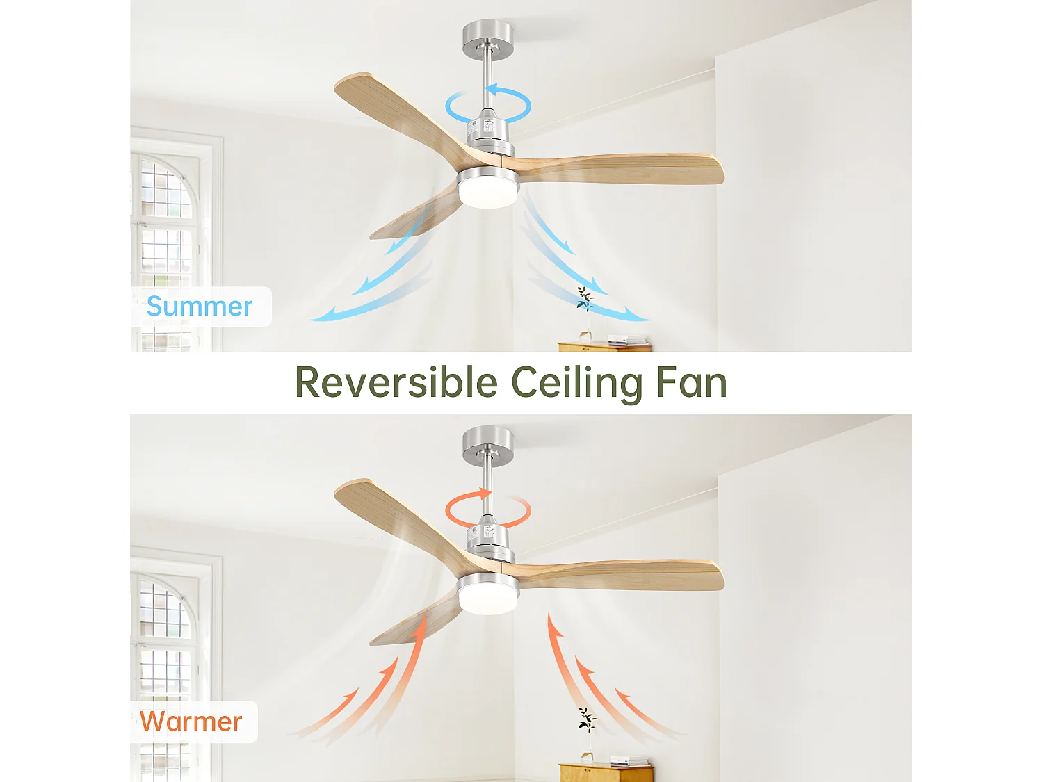 Deckenventilator für das Wohnzimmer – mit dimmbarem LED-Licht und 6-stufiger Fernbedienung – 3 Holzflügel