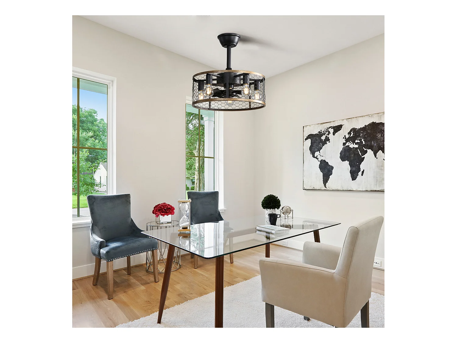 Ventilateur de plafond cage industriel - Ventilateur de plafond noir avec éclairage et télécommande - Pales en ABS