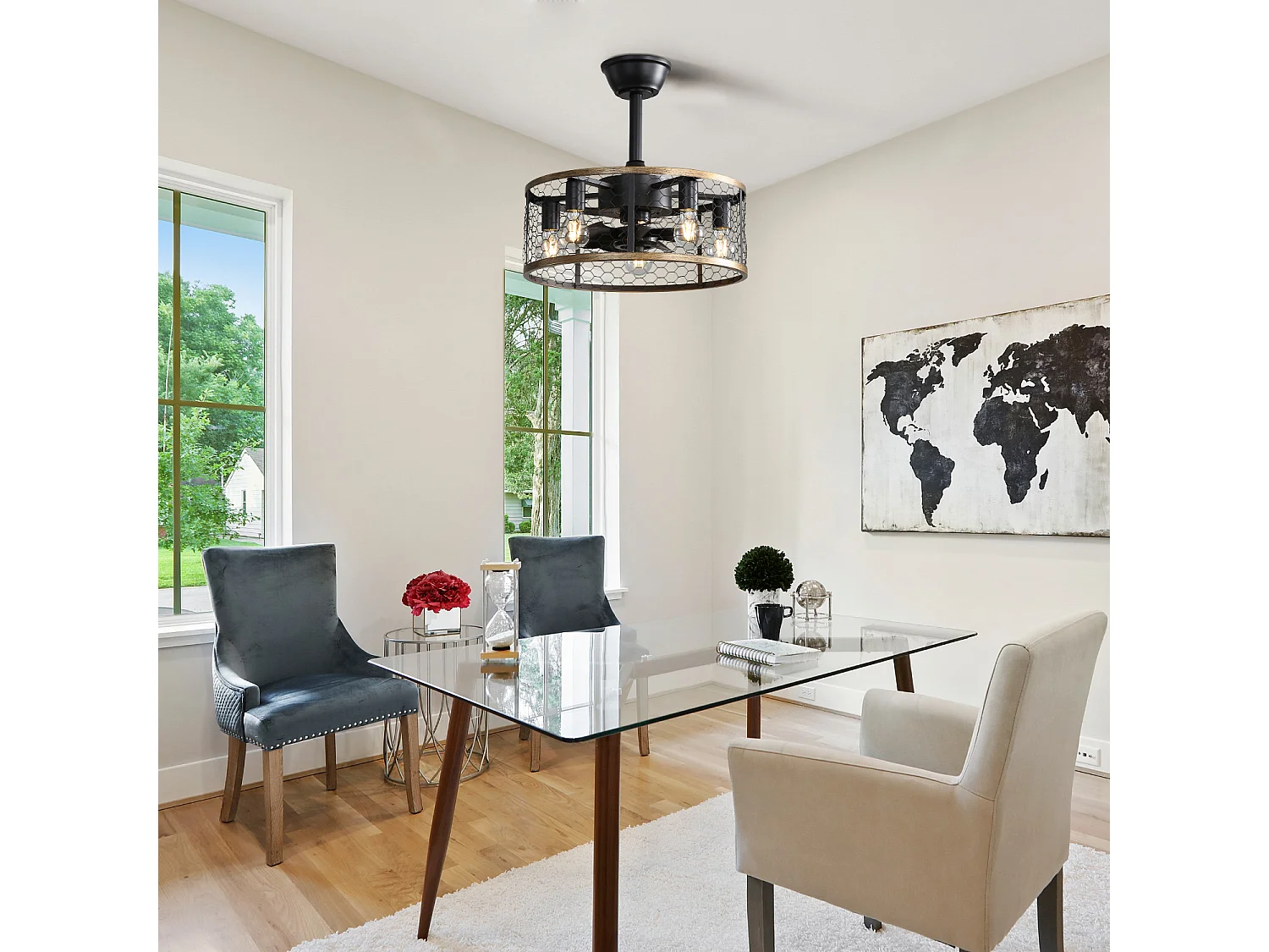 Ventilateur de plafond cage industriel - Ventilateur de plafond noir avec éclairage et télécommande - Pales en ABS