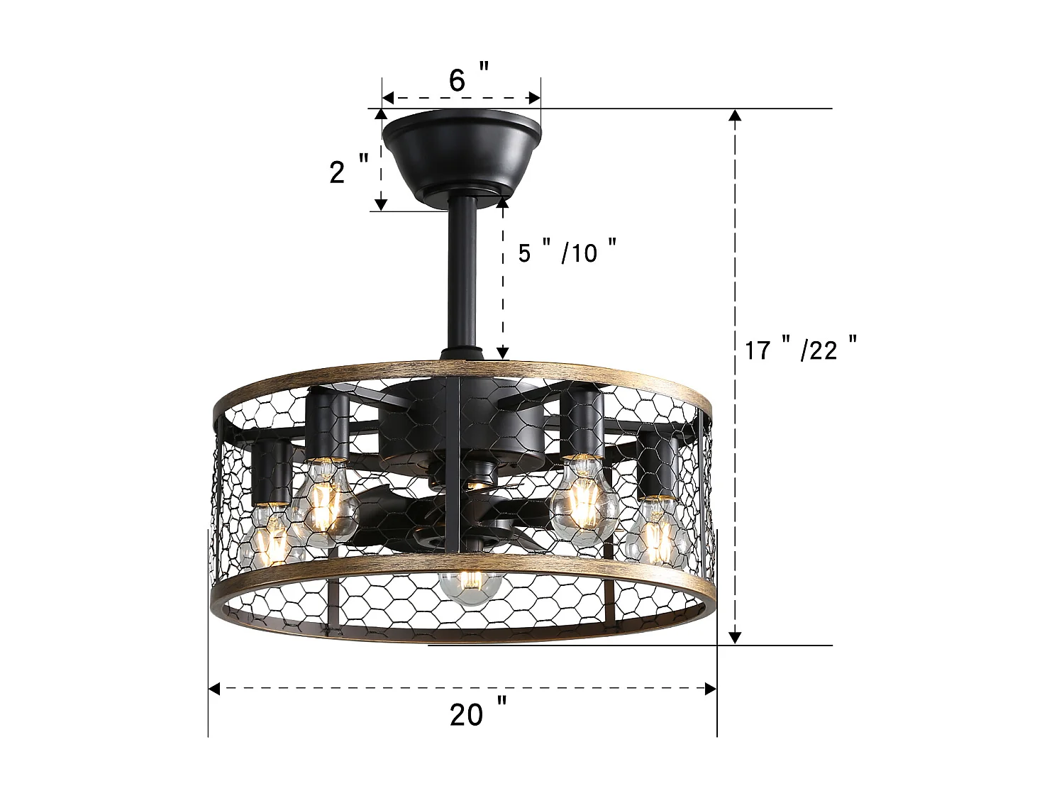 Ventilateur de plafond cage industriel - Ventilateur de plafond noir avec éclairage et télécommande - Pales en ABS