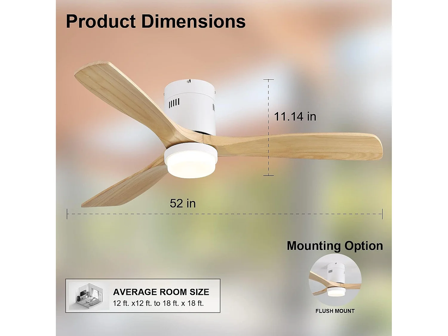 Woonkamer plafondventilator - 3 houten bladen - Witte plafondventilator met licht en 6 snelheden - 132 cm
