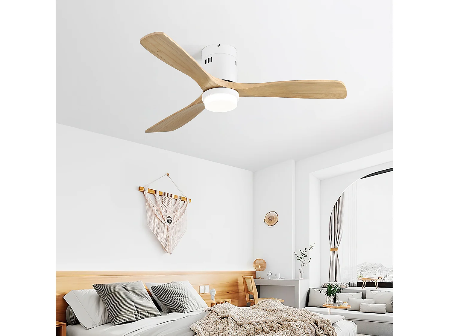 Deckenventilator für das Wohnzimmer – 3 Flügel aus Holz – Weißer Deckenventilator mit Licht und 6 Geschwindigkeiten – 132 cm
