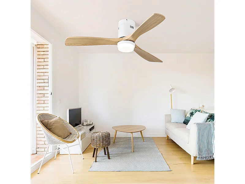 Woonkamer plafondventilator - 3 houten bladen - Witte plafondventilator met licht en 6 snelheden - 132 cm