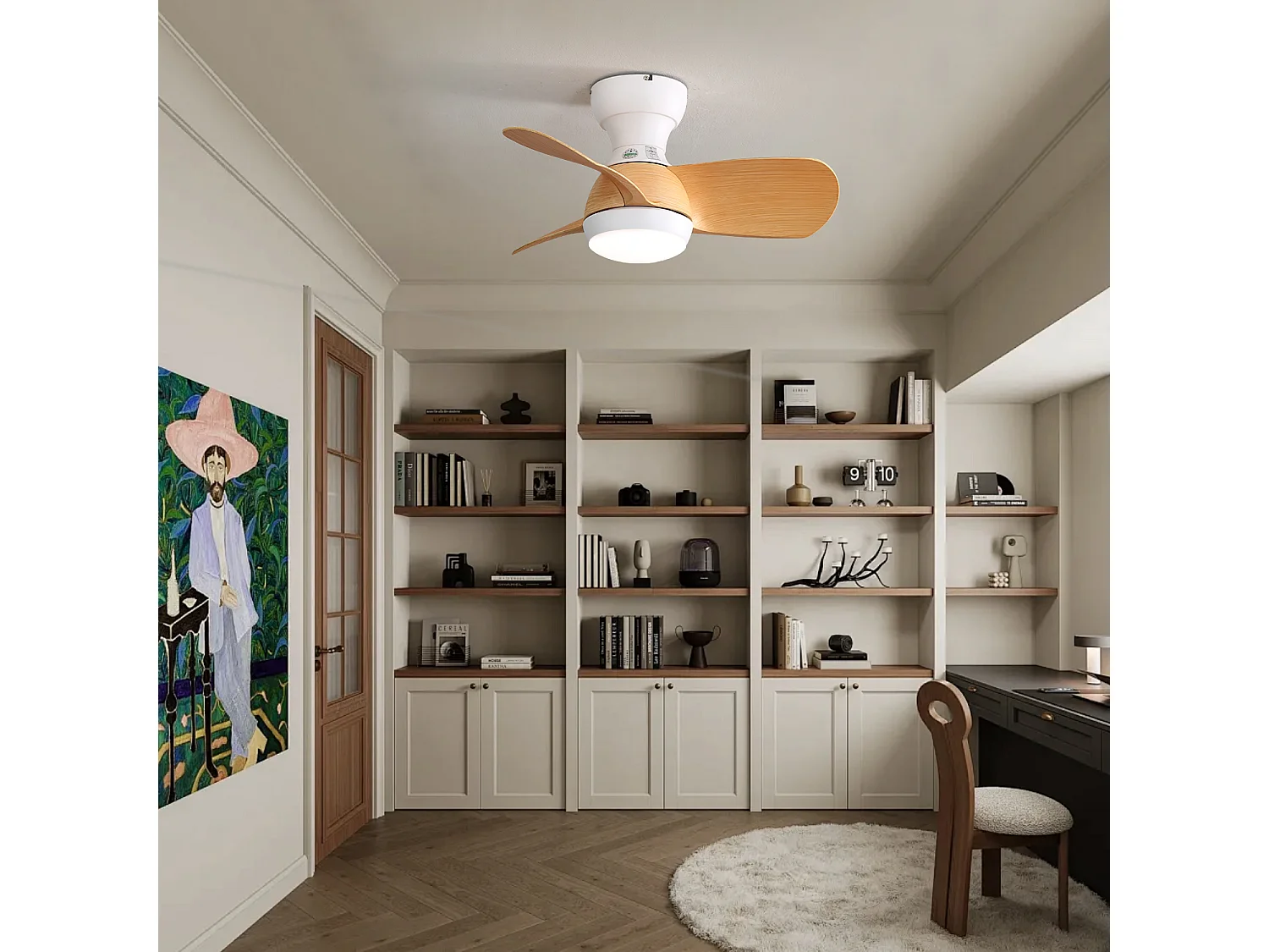 Holzfarbener Deckenventilator mit verstellbarer LED-Beleuchtung und 3 ABS-Flügeln für Schlafzimmer und Wohnzimmer
