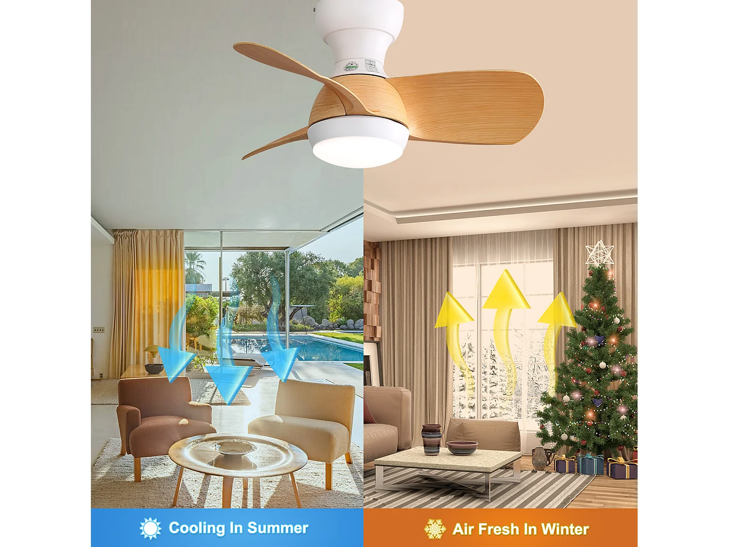 Holzfarbener Deckenventilator mit verstellbarer LED-Beleuchtung und 3 ABS-Flügeln für Schlafzimmer und Wohnzimmer