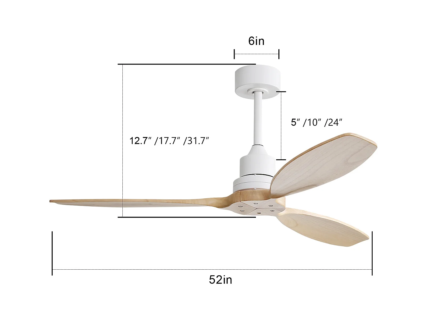 Ventilateur de plafond 52" -Ventilateur de plafond couleur bois avec télécommande 6 vitesses - Pour terrasse et salon