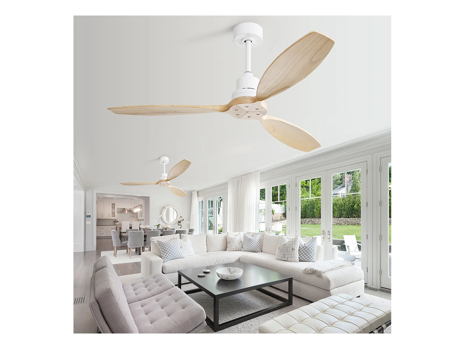 Ventilateur de plafond 52" -Ventilateur de plafond couleur bois avec télécommande 6 vitesses - Pour terrasse et salon