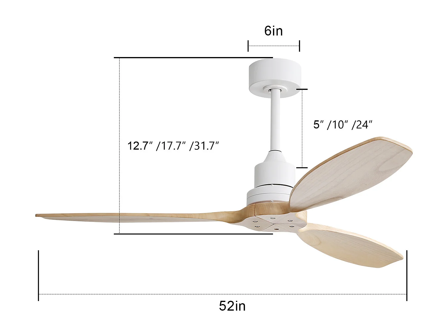 Ventilateur de plafond 52" -Ventilateur de plafond couleur bois avec télécommande 6 vitesses - Pour terrasse et salon