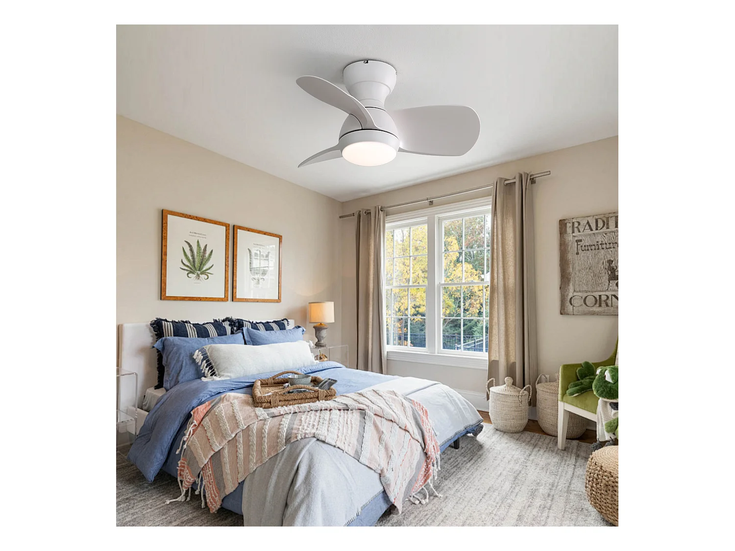 Ventilador de techo blanco con luces LED regulables y 3 aspas de ABS para dormitorios y salones.