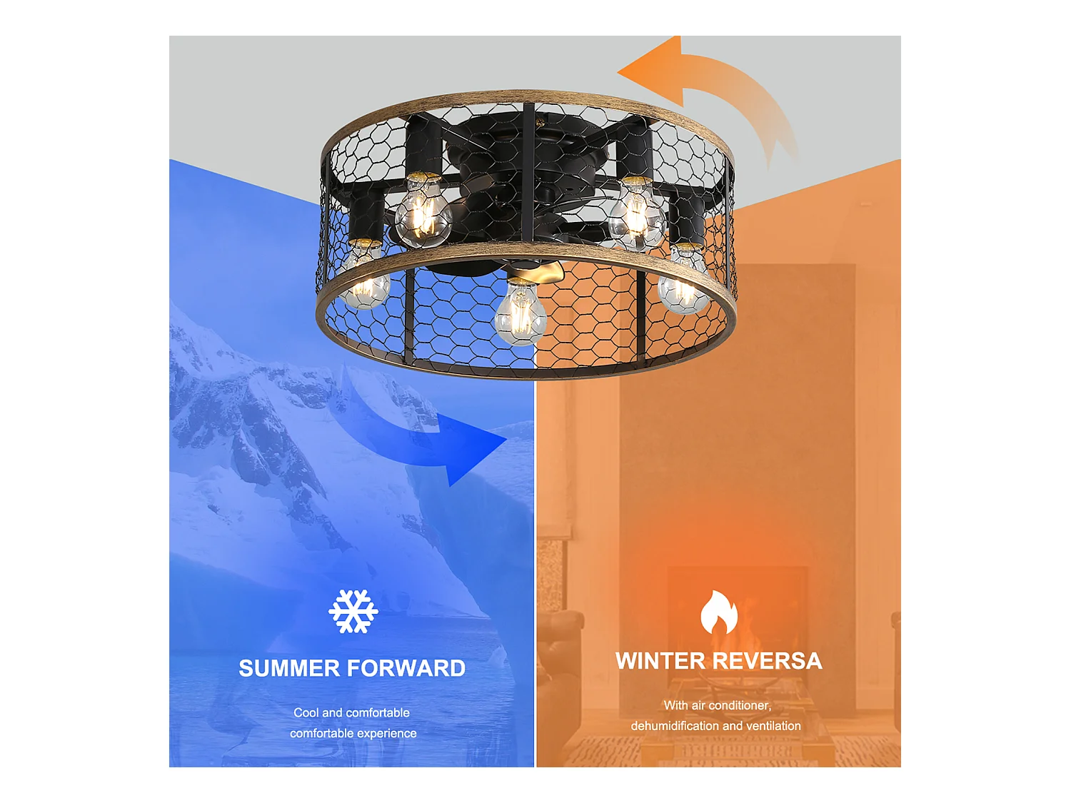 Käfig-Deckenventilator - Einbau-Deckenventilator mit 7 ABS-Flügeln und Licht - 6-Gang-Einstellung