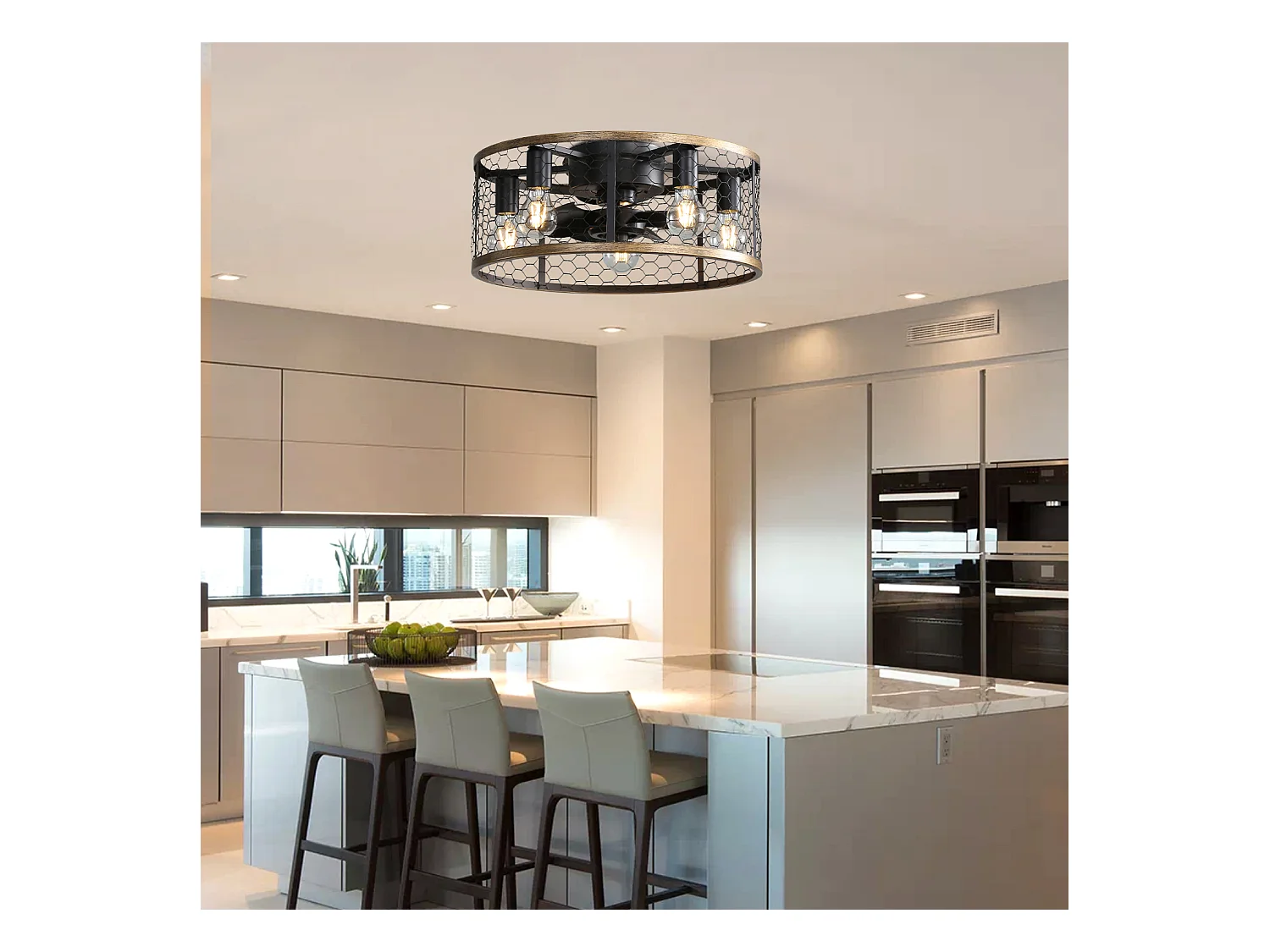 Ventilateur de plafond cage - Ventilateur de plafond encastré avec 7 pales en ABS et lumière - Réglage à 6 vitesses