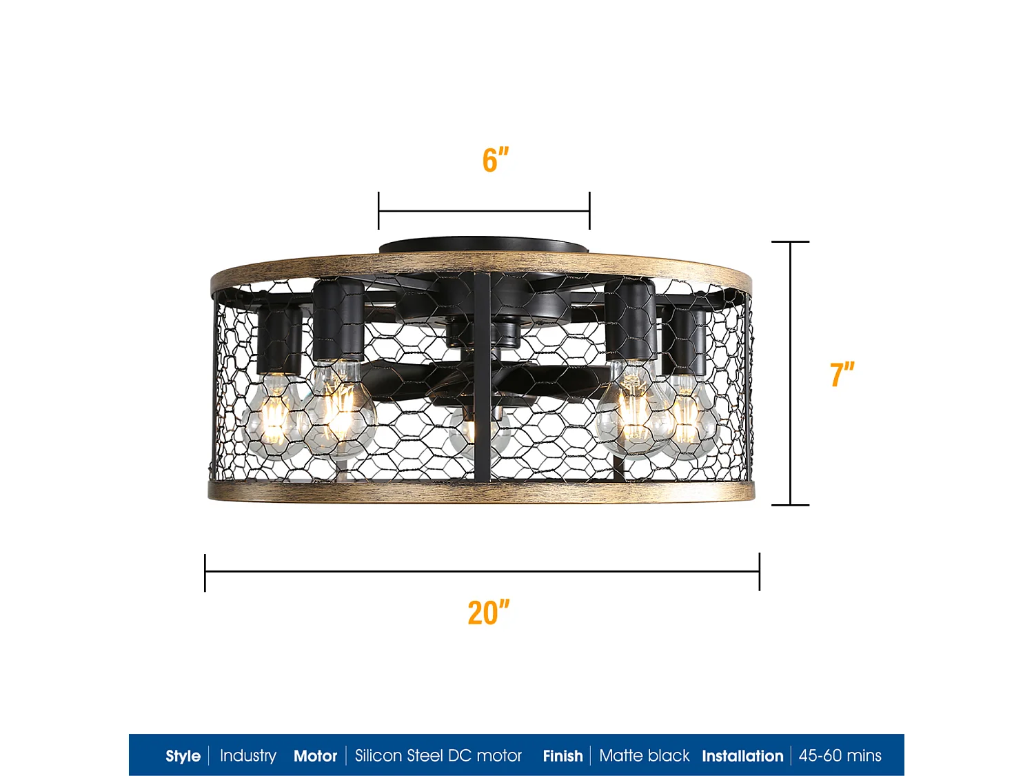 Ventilateur de plafond cage - Ventilateur de plafond encastré avec 7 pales en ABS et lumière - Réglage à 6 vitesses