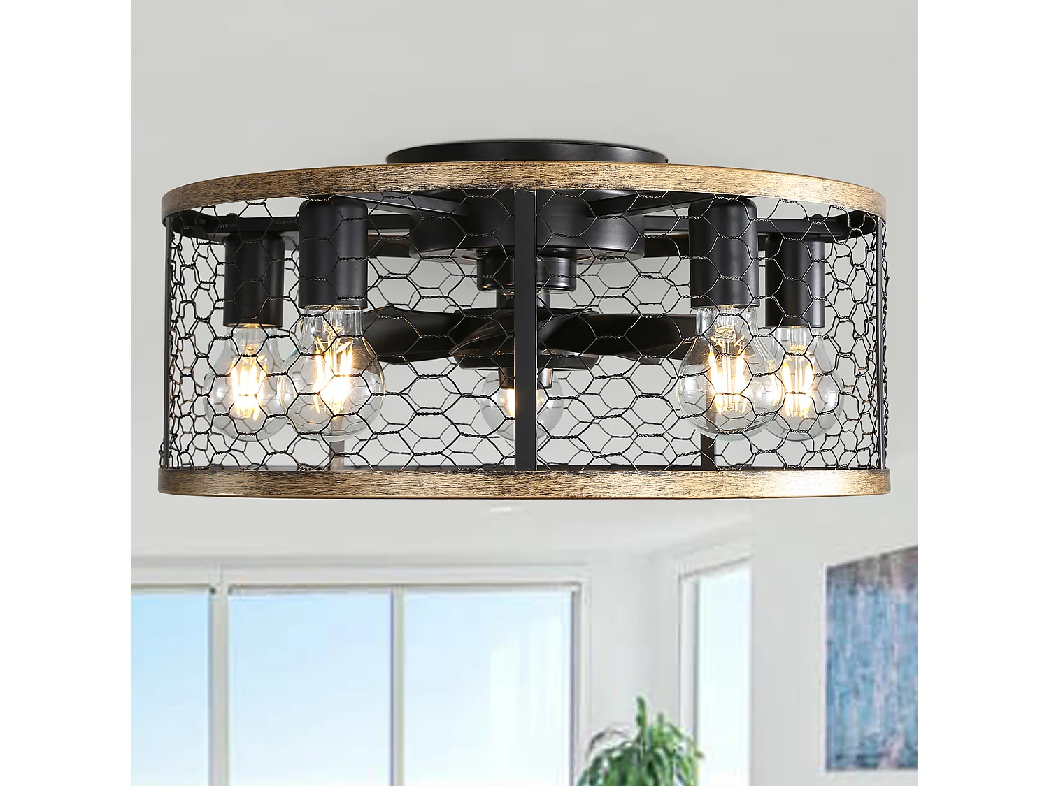 Ventilateur de plafond cage - Ventilateur de plafond encastré avec 7 pales en ABS et lumière - Réglage à 6 vitesses