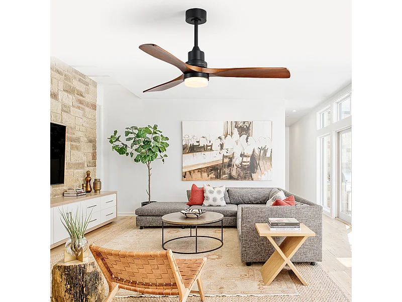 52" Deckenventilator - Holzfarbener Deckenventilator mit 6 Geschwindigkeiten und dimmbarer LED - Für Wohnzimmer und Schlafzimmer