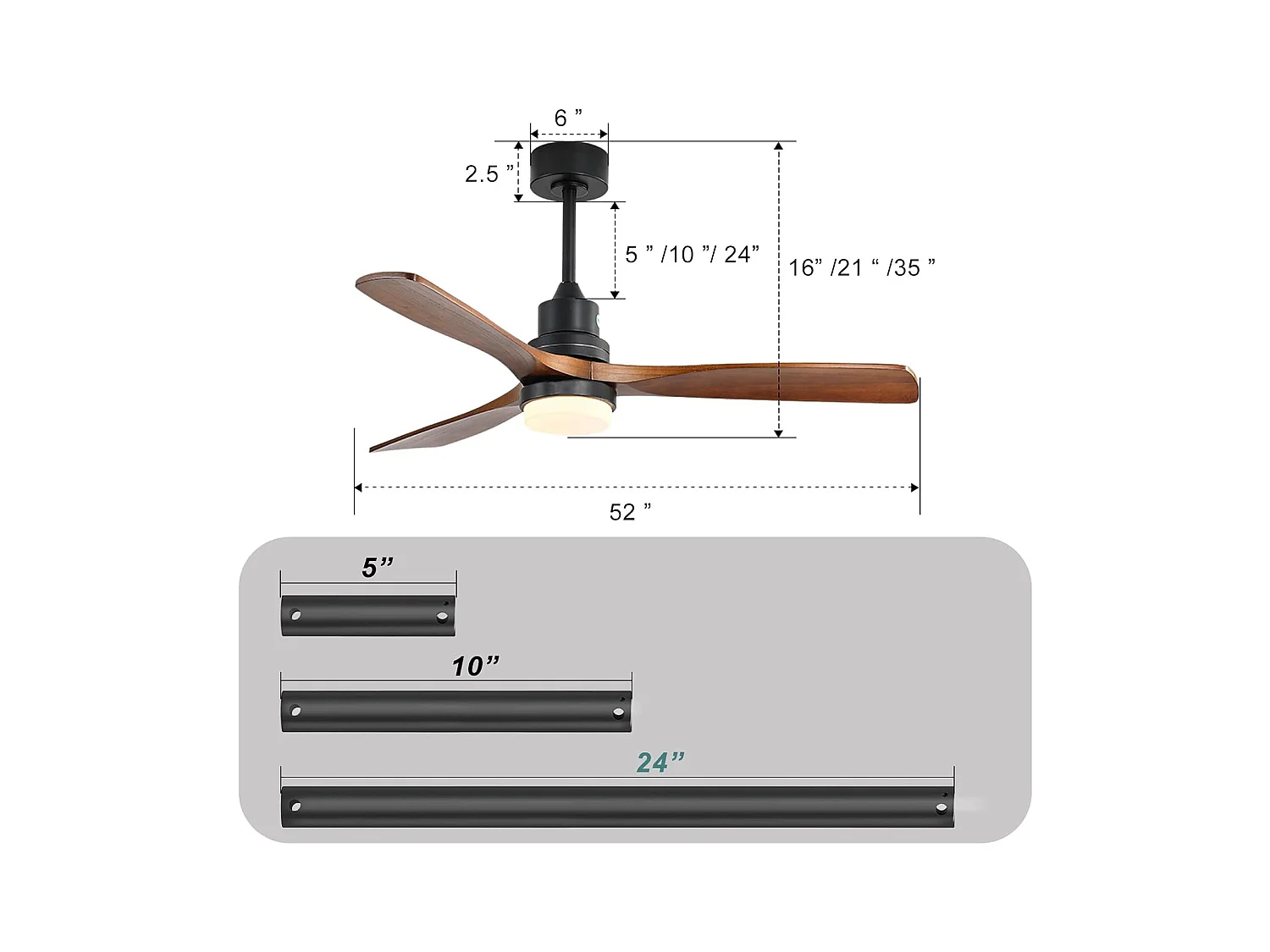 52" Deckenventilator - Holzfarbener Deckenventilator mit 6 Geschwindigkeiten und dimmbarer LED - Für Wohnzimmer und Schlafzimmer