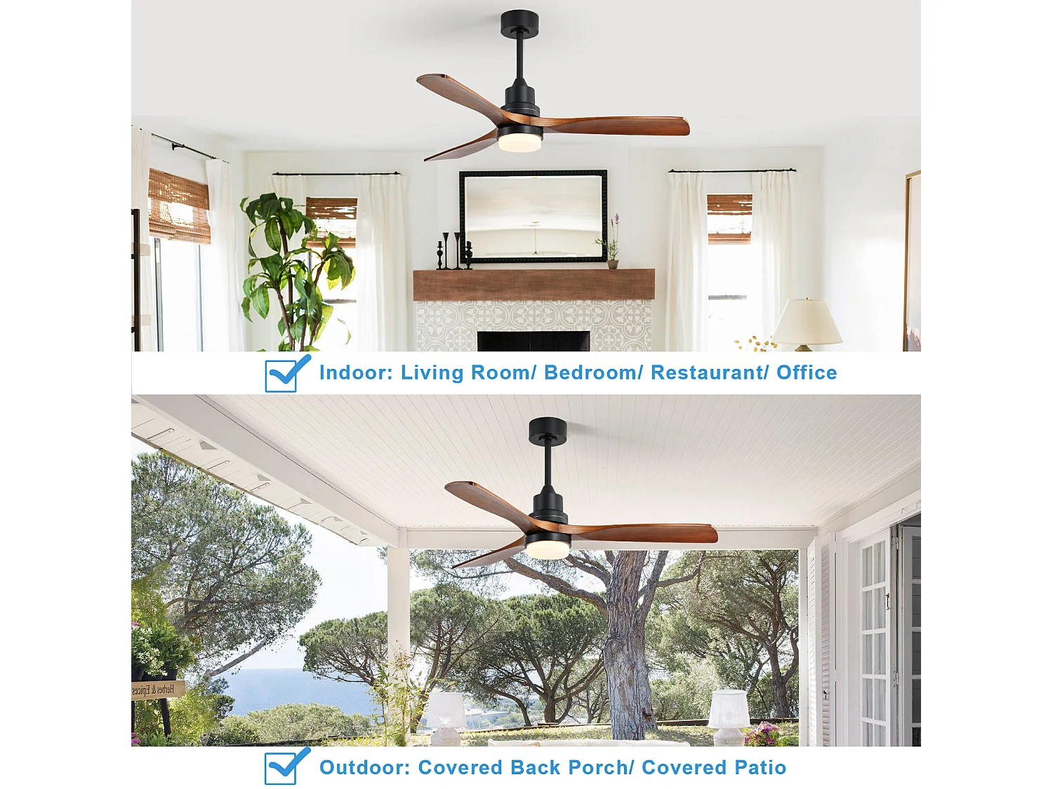 Ventilateur de plafond 52" - Couleur bois avec 6 vitesses et LED à intensité variable - Pour salon et chambre