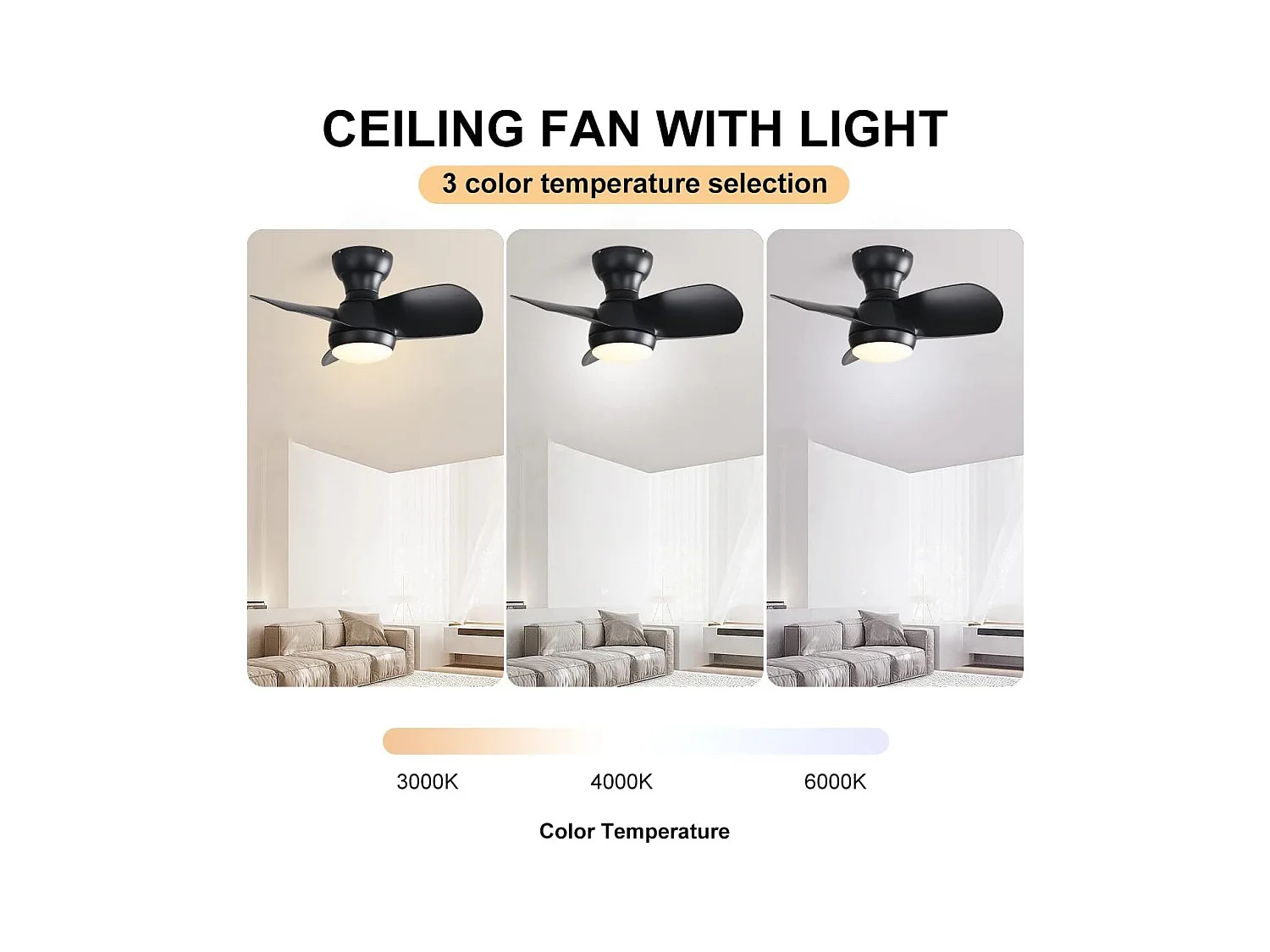 Schwarzer Deckenventilator mit verstellbarer LED-Beleuchtung und 3 ABS-Flügeln für Schlafzimmer und Wohnzimmer