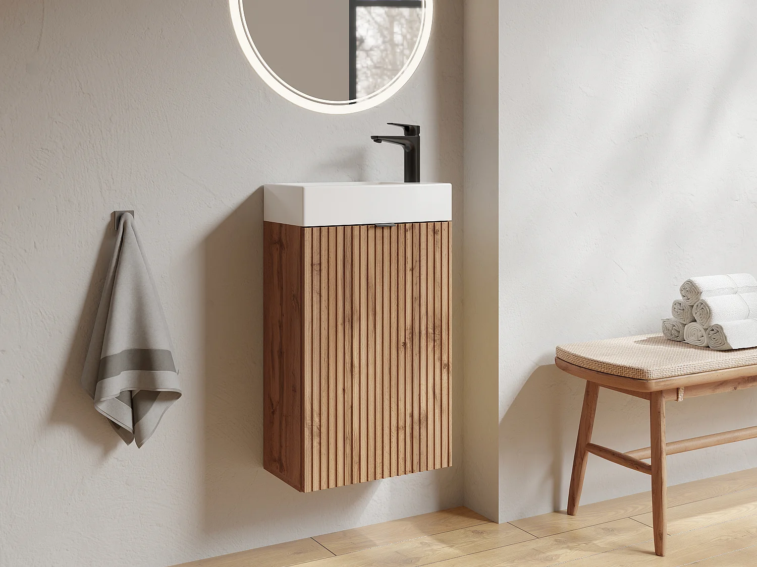 Meuble lave main strié porte réversible naturel clair - H60 x L40 x P22 - VAHIRA
