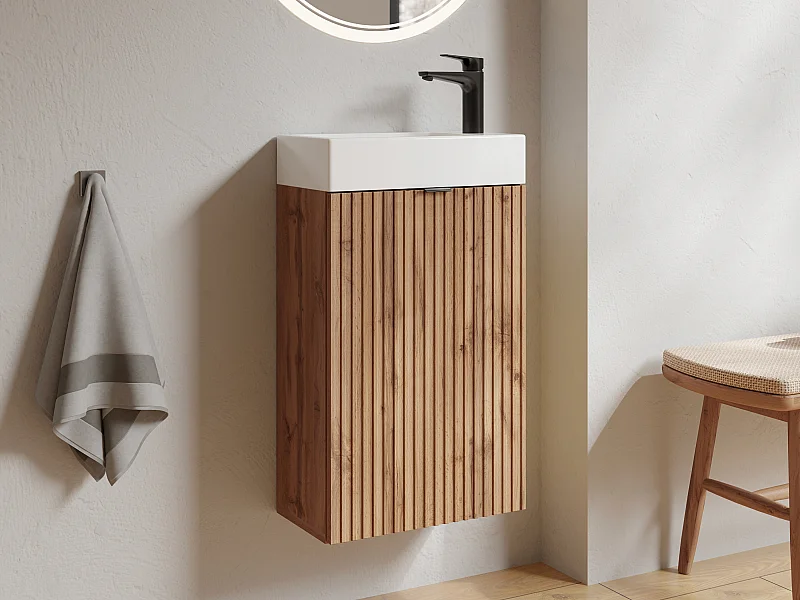 Handwaschbeckenschrank geriffelt - Tür wendbar - Holzfarben hell - 60 x 40 x 22 - VAHIRA