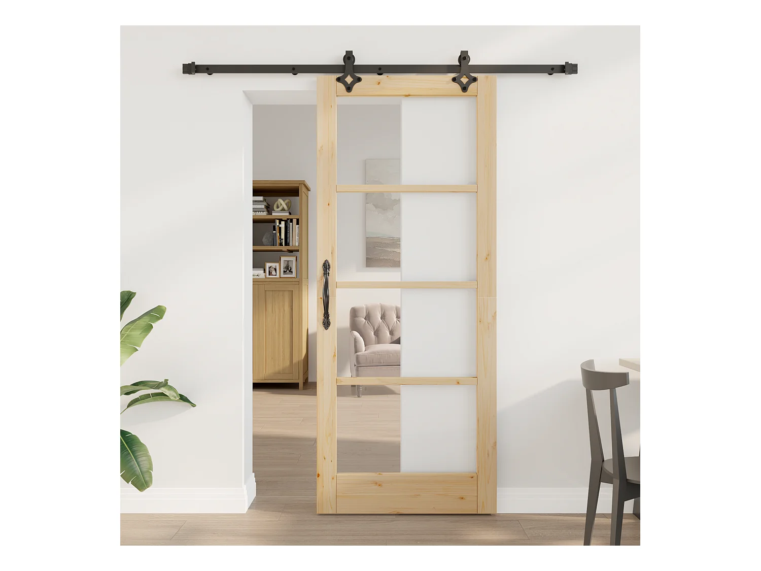 Set de Porte Coulissante avec Matériel  Bois Massif & Verre