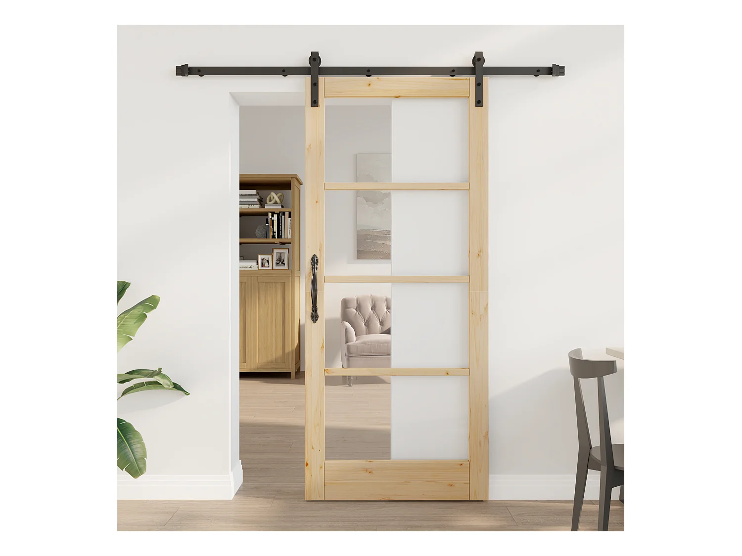 Porte coulissante avec kit de quincaillerie en bois massif et verre