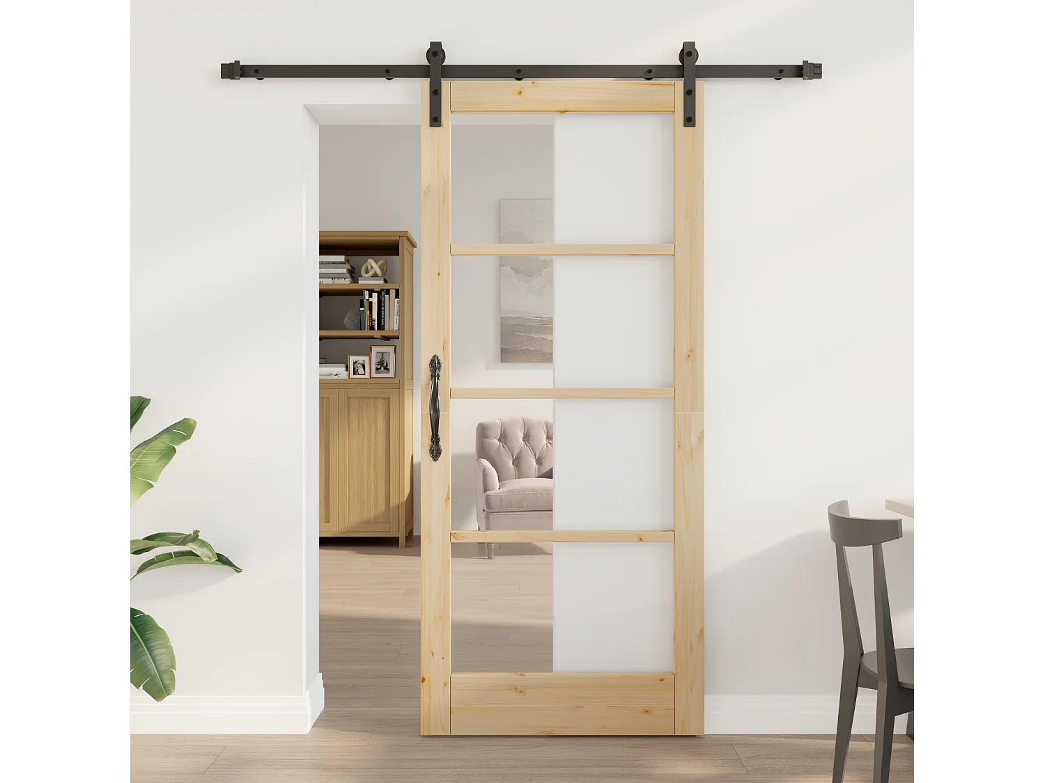 Porte coulissante avec kit de quincaillerie en bois massif et verre