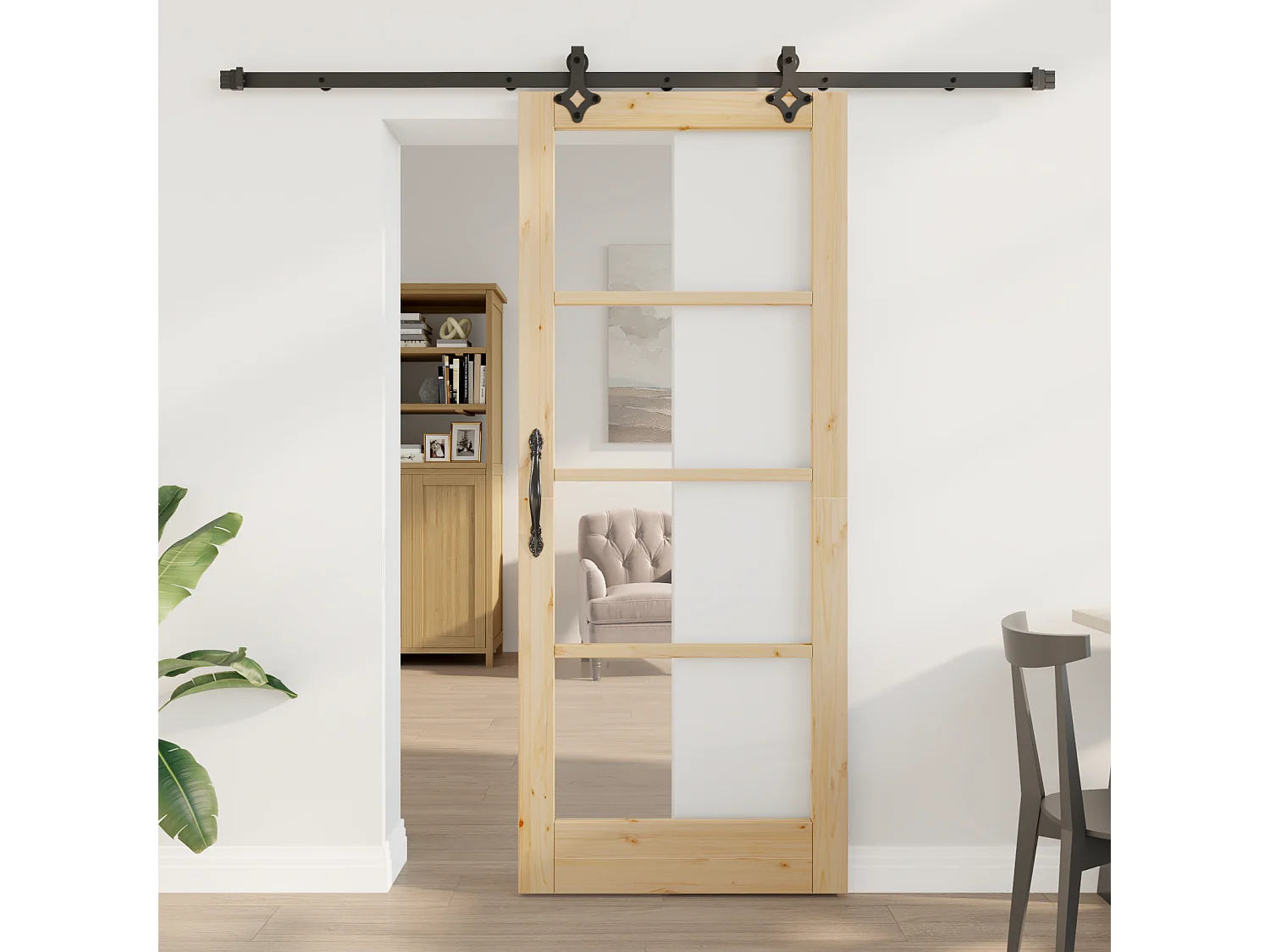 Porte Coulissante avec Ensemble de Quincaillerie 83x202 cm en Bois Massif de Pin