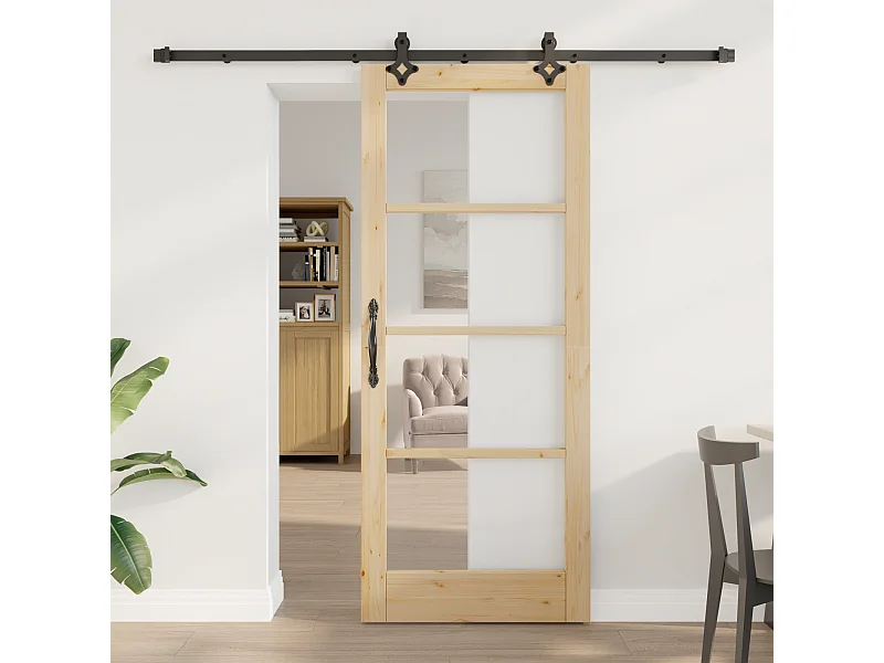Porte Coulissante avec Ensemble de Quincaillerie 83x202 cm en Bois Massif de Pin