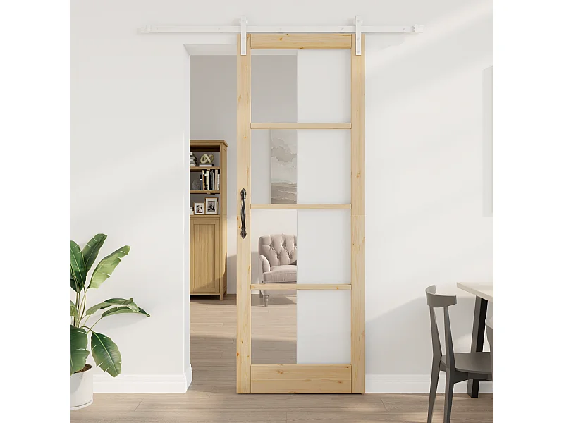 Puerta corredera con herrajes  Madera maciza y cristal