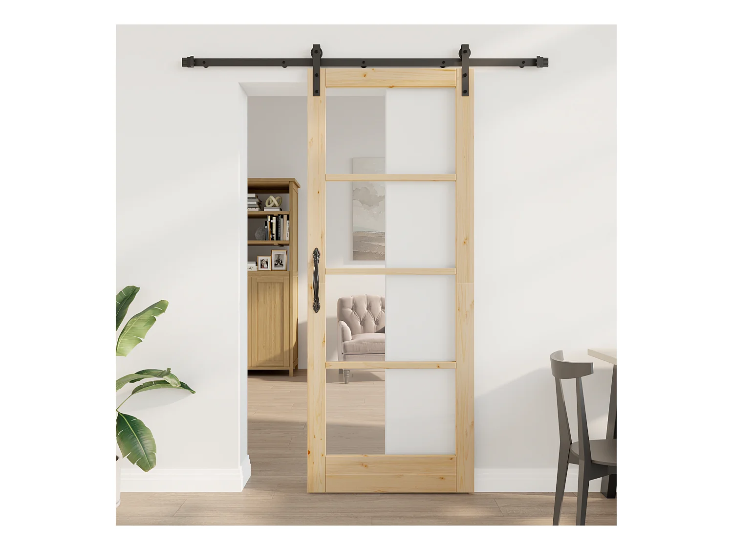 Porte Coulissante avec Ensemble de Quincaillerie Bois Massif & Verre