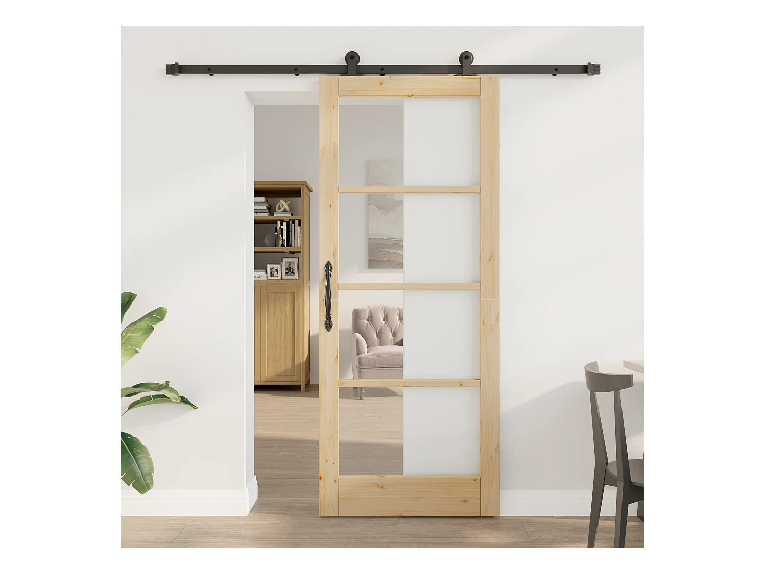 Puerta corredera con herrajes  Madera maciza y vidrio