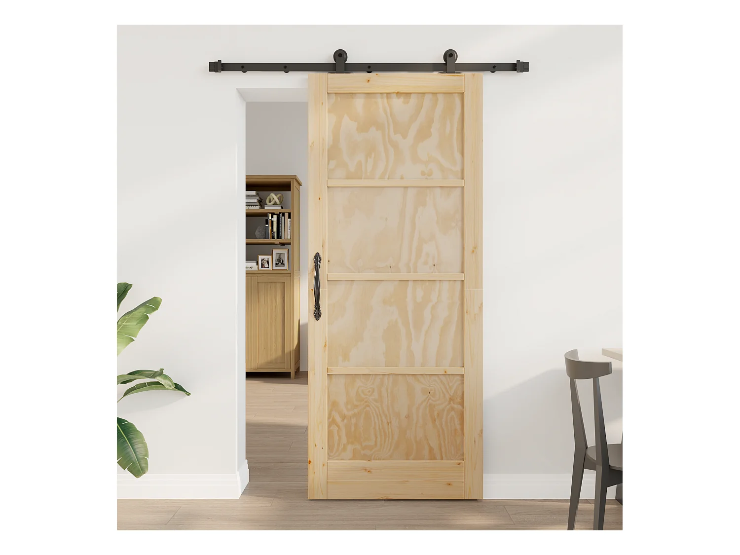 Porte Coulissante avec Matériel en Bois Massif de Pin