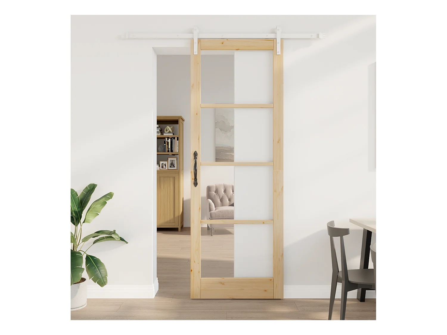 Porte coulissante avec quincaillerie  en bois massif et verre