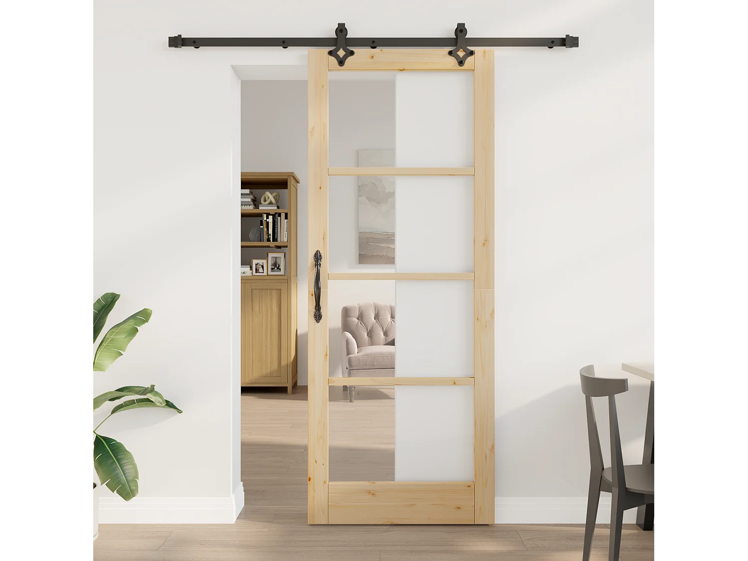 Puerta corredera con kit  en madera maciza y cristal