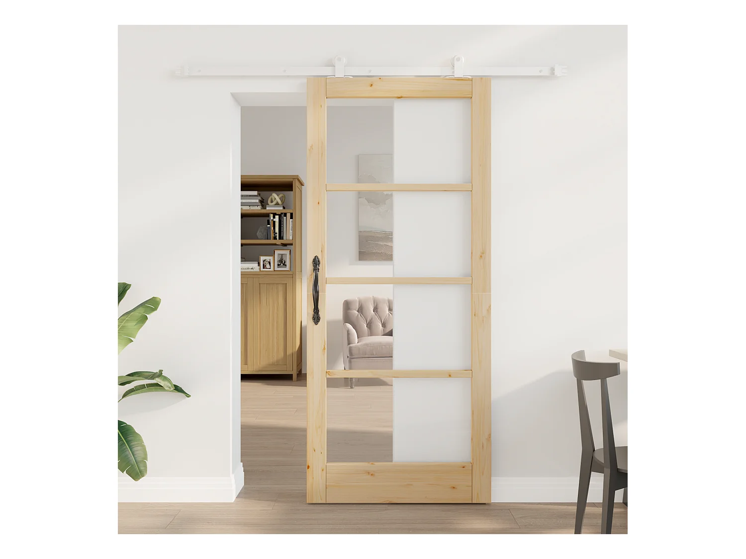 Porte coulissante avec kit de quincaillerie en bois massif et verre