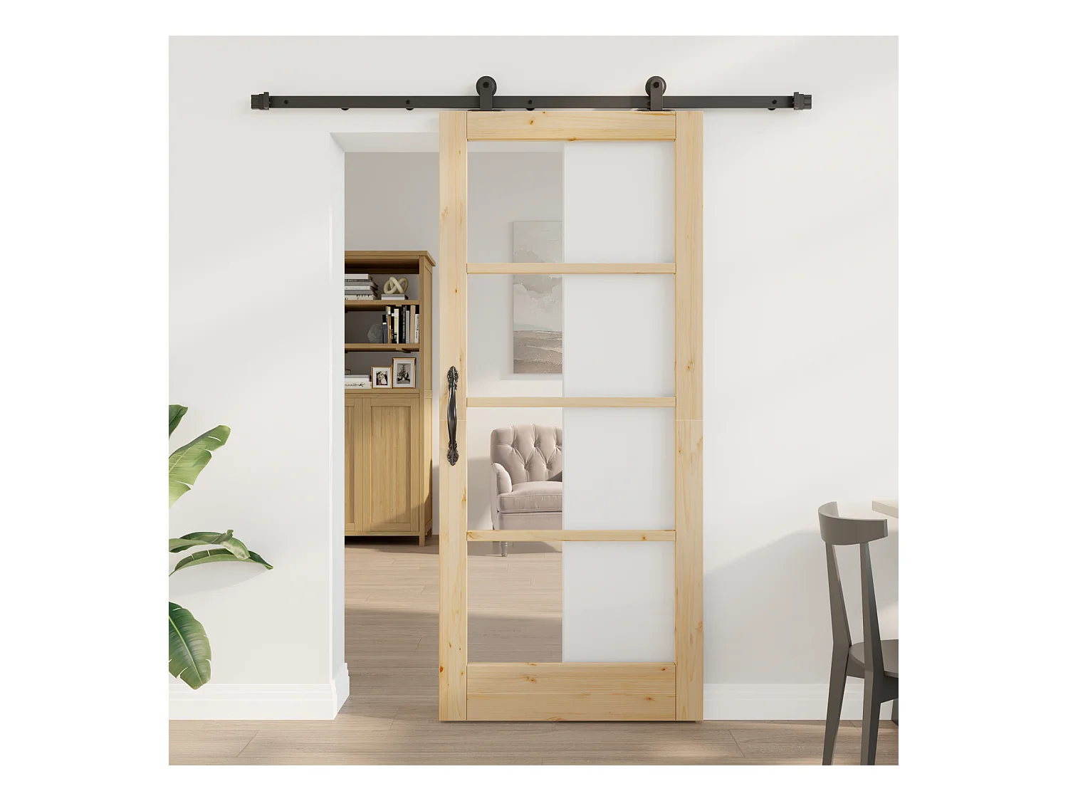 Puerta corredera con herrajes  en madera maciza y cristal
