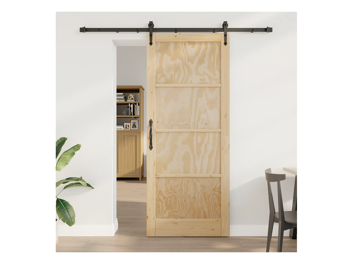 Puerta corredera con herrajes 86x211 cm en madera maciza de pino