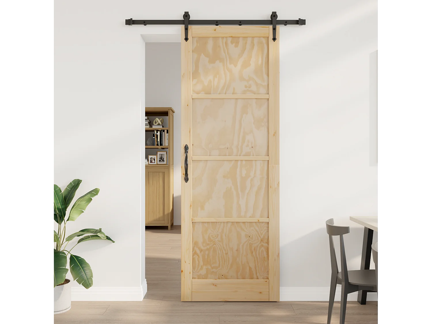 Puerta corredera con herrajes  en madera maciza de pino