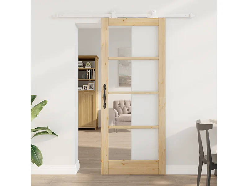 Porte coulissante avec kit de quincaillerie en bois massif et verre