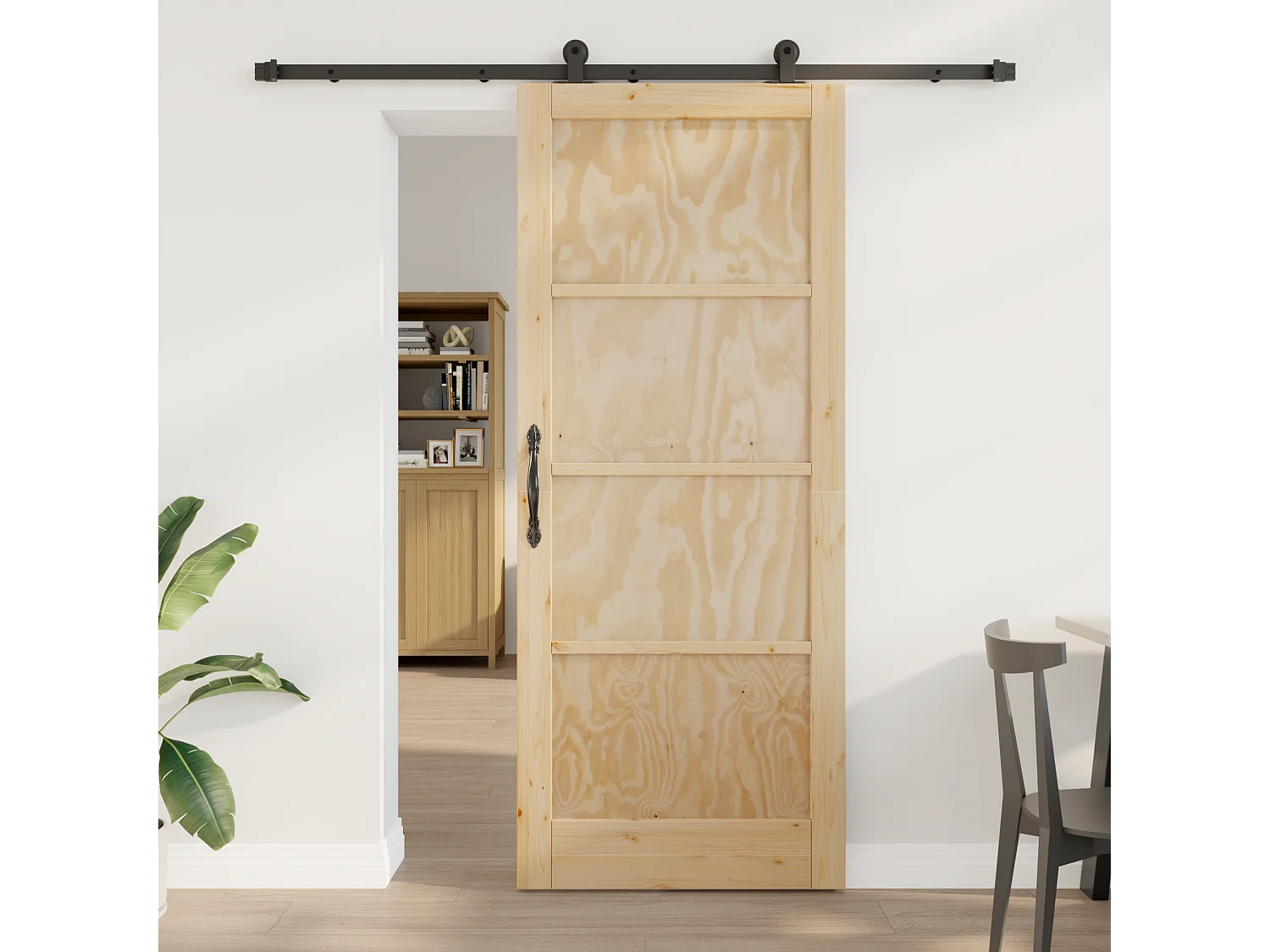 Puerta corredera con herrajes 86x211 cm en madera maciza de pino