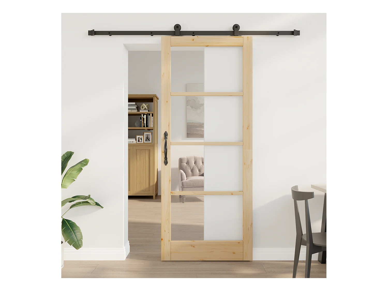 Porte coulissante avec ensemble de matériel Bois massif et verre