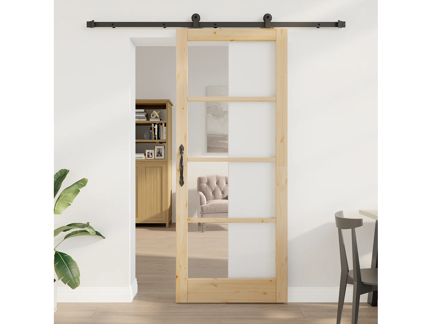 Porte coulissante avec ensemble de matériel Bois massif et verre
