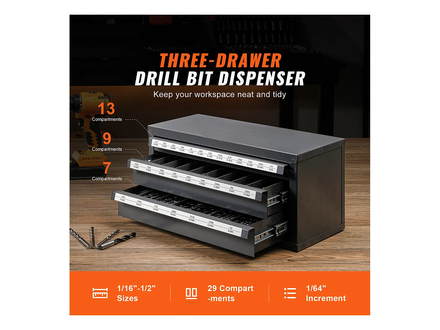 Bohrer-Verteiler-Schrank SucceBuy Drei Schubladen für 2.54cm/40.64cm bis 2.54cm/5.08cm, Schrank mit Etiketten, Stapelbar zur Aufbewahrung von Bohrern