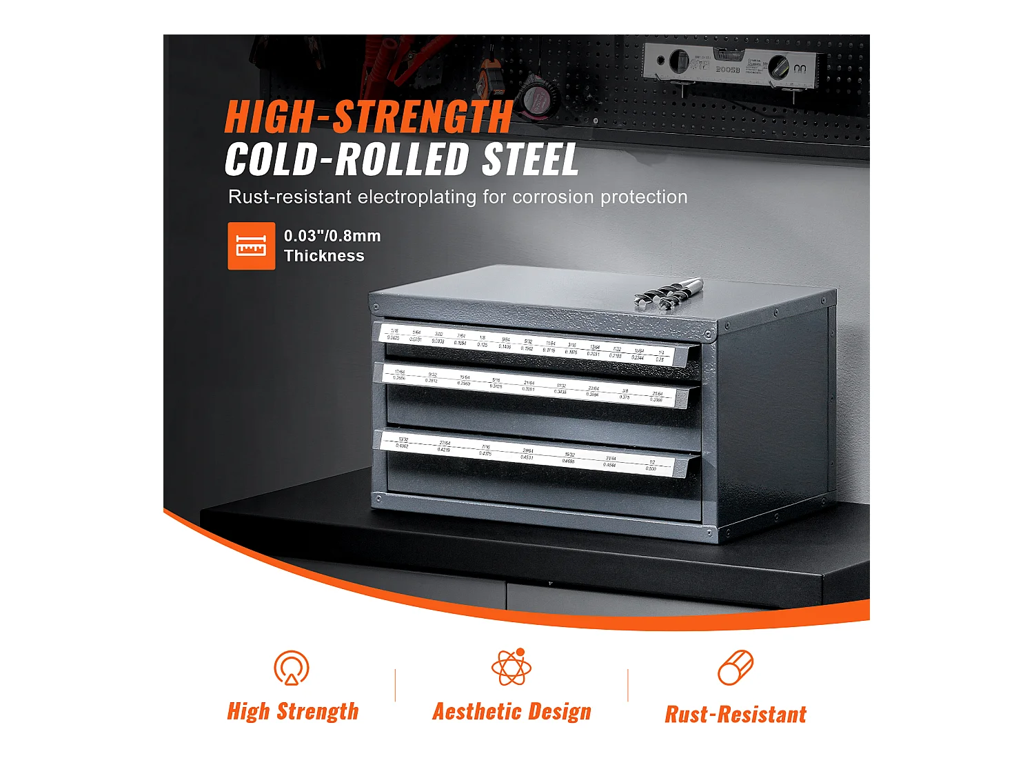 Bohrer-Verteiler-Schrank SucceBuy Drei Schubladen für 2.54cm/40.64cm bis 2.54cm/5.08cm, Schrank mit Etiketten, Stapelbar zur Aufbewahrung von Bohrern