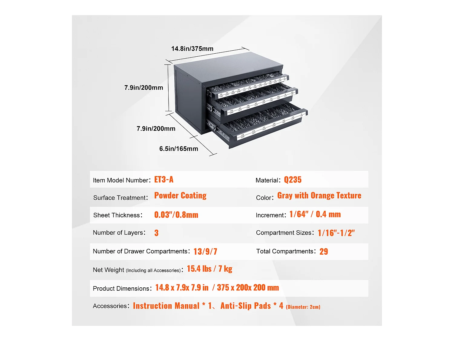 Boor Verdeeler Kast SucceBuy Drie Lades voor 2.54cm/40.64cm tot 2.54cm/5.08cm, Kast met Etiketten, Stapelbaar voor Opslag van Boren