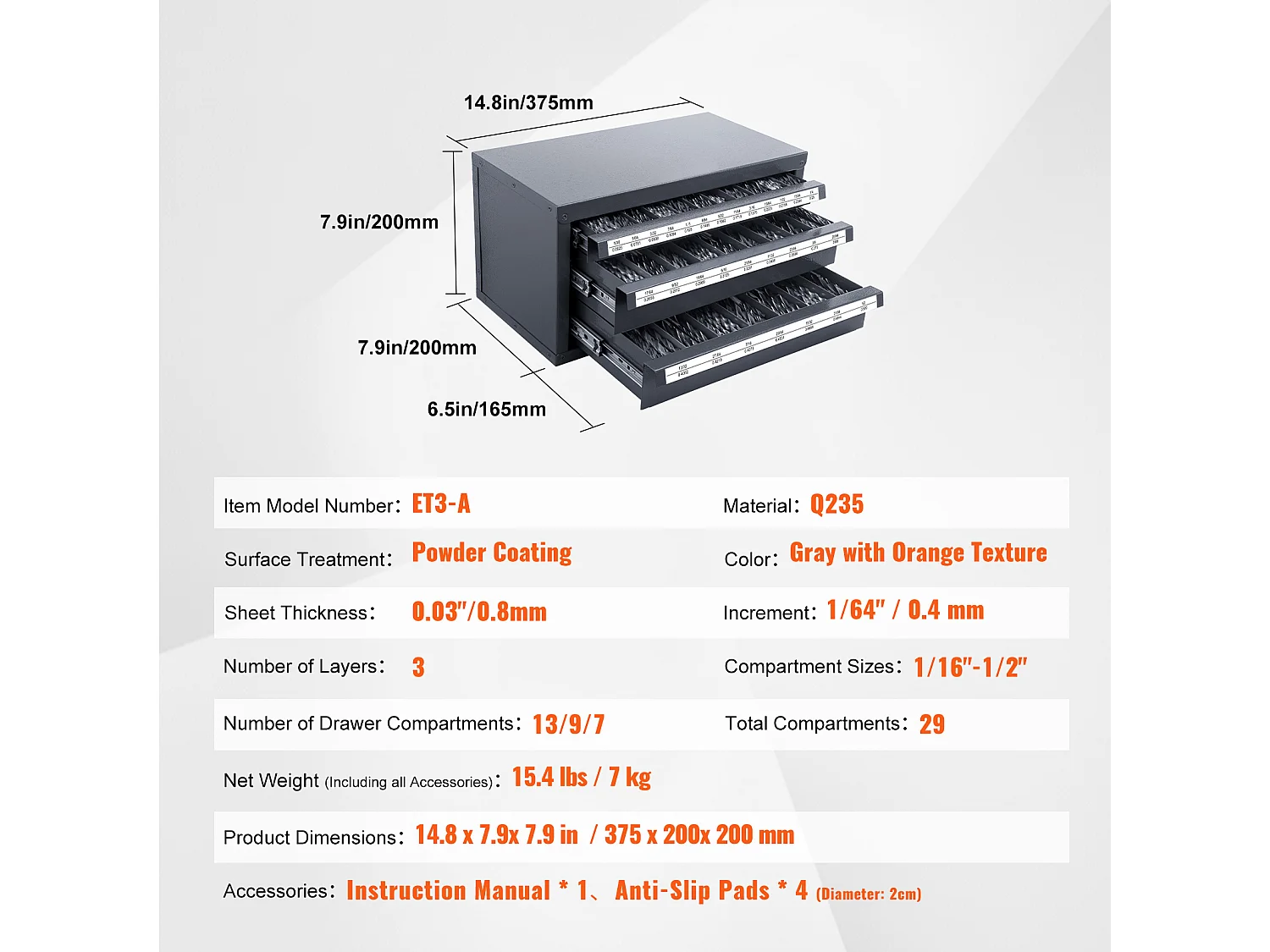 Armário Distribuidor de Brocas SucceBuy Três Gavetas para 2.54cm/40.64cm a 2.54cm/5.08cm, Armário com Etiquetas, Empilhável para o Armazenamento de Brocas
